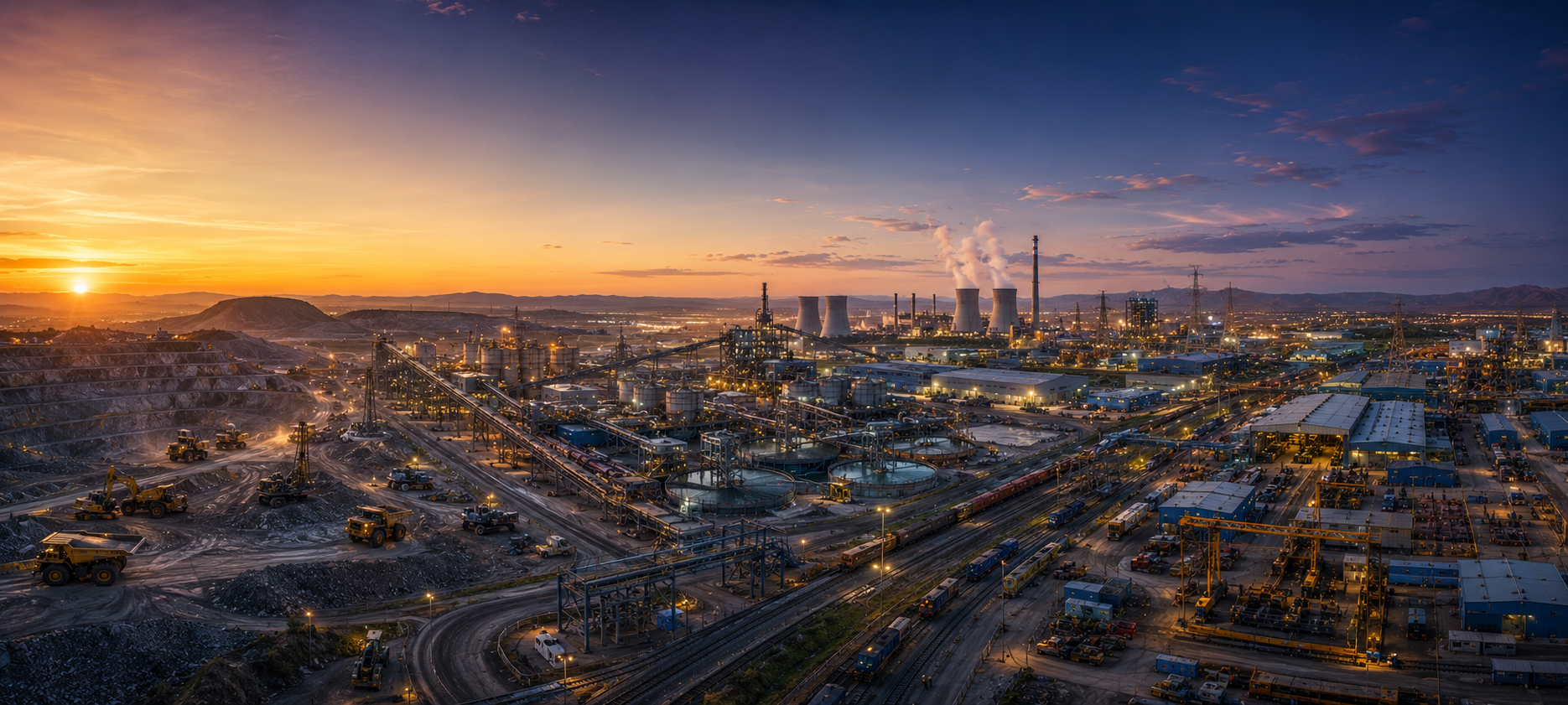 Aerial view of an industrial mining and processing plant at dusk