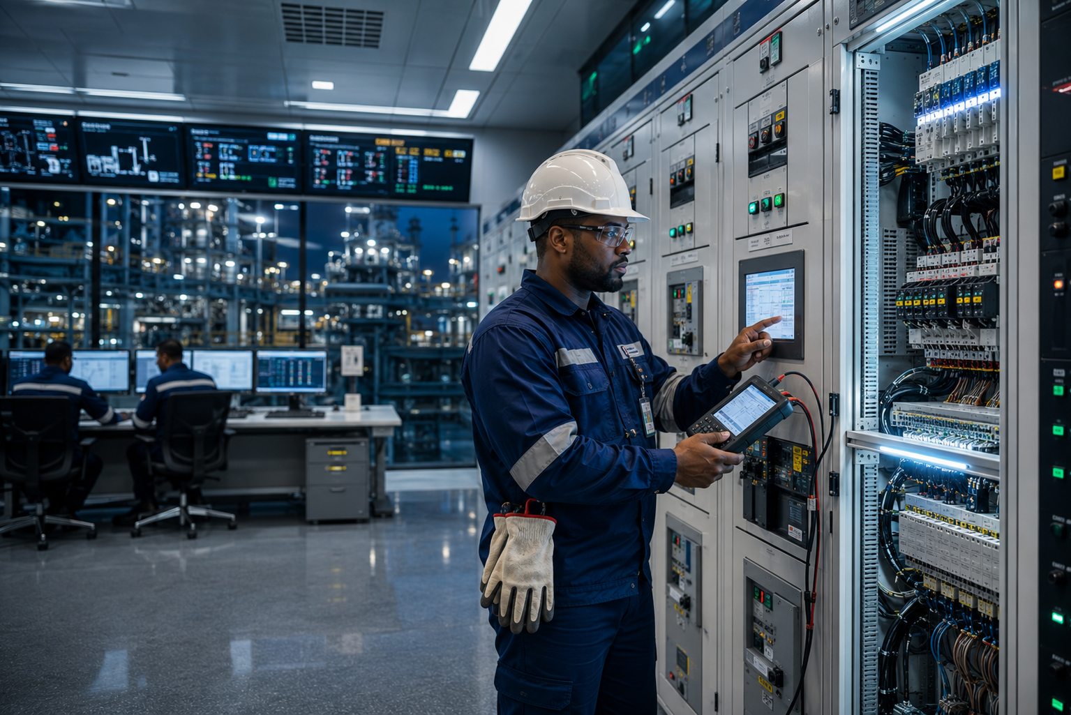 Electrical engineer testing a switchboard in a plant control room