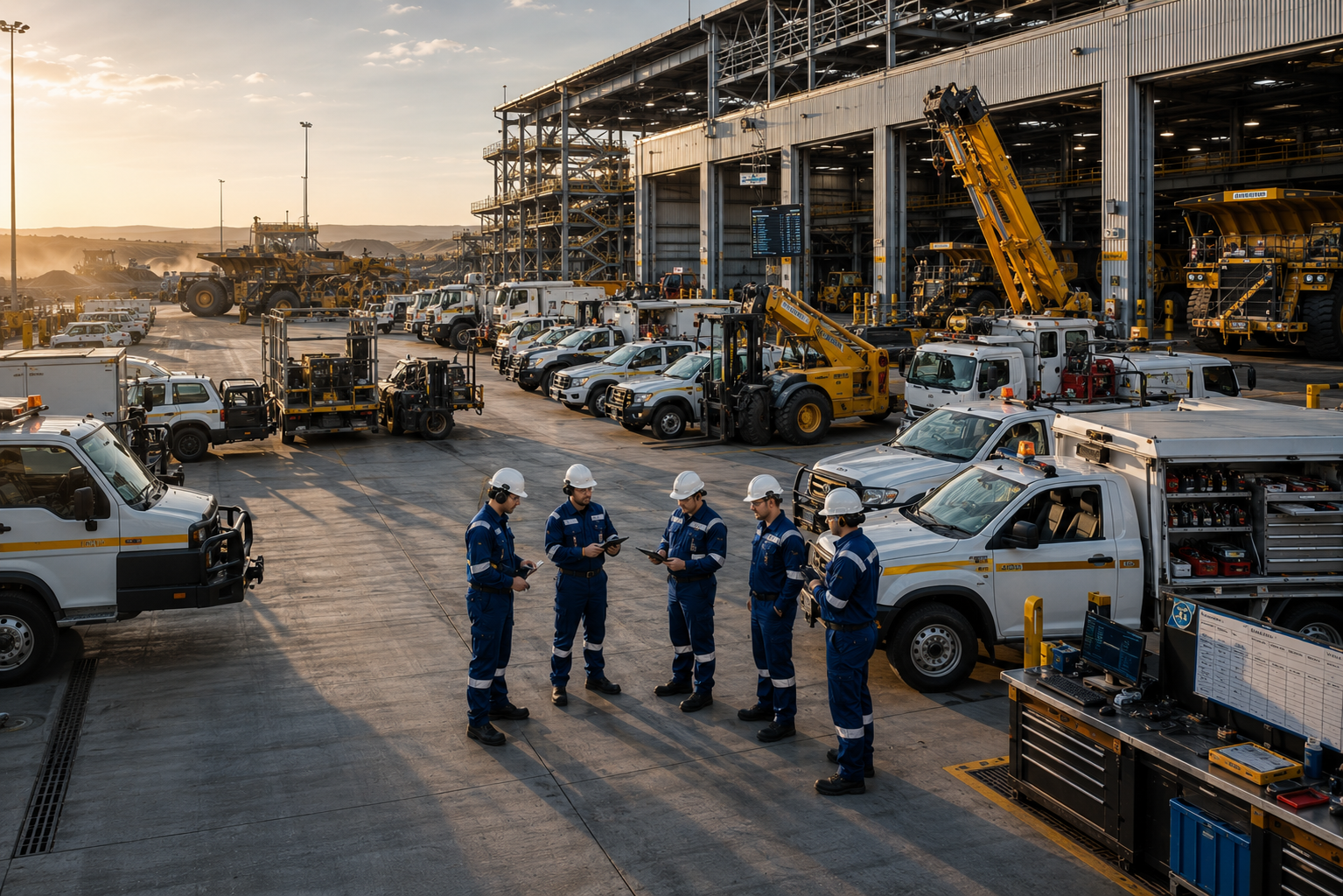 Fleet of technical response vehicles and mining equipment at a workshop yard