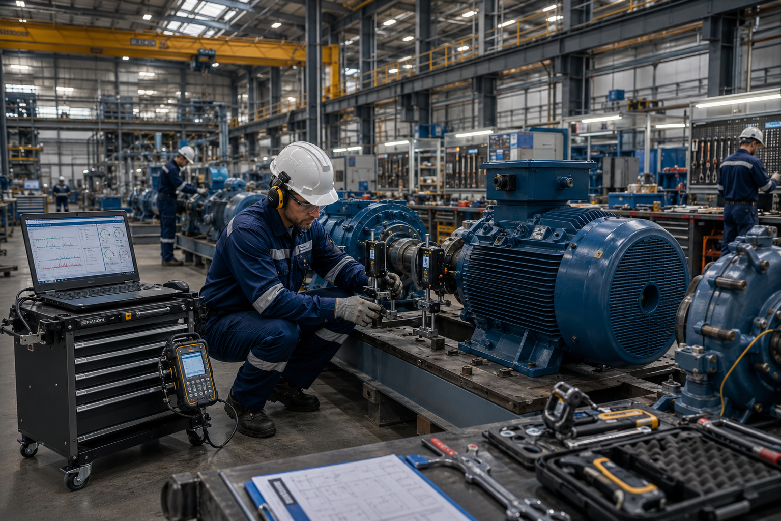 Technician performing laser alignment and vibration analysis on a motor